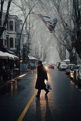 A person walking down a street holding a bag