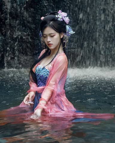A serene woman in colorful traditional attire sits by a cascading waterfall.