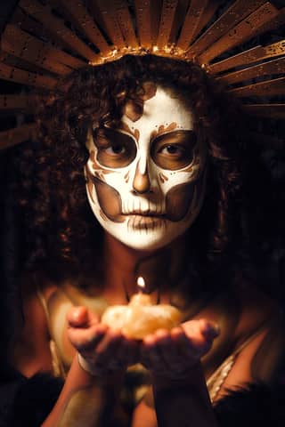 A woman with Catrina makeup holds a candle, celebrating Día de Muertos in Mexico City.
