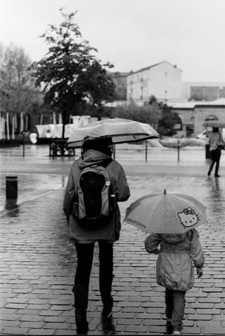 Monochrome image of a rainy day with people walking under umbrellas in France.