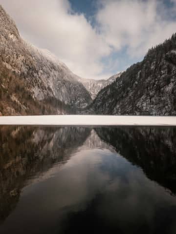 Mountains and their reflection in a peaceful lake.