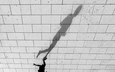 Black and white photo of a shadow on tiled pavement in Mar del Plata, Argentina.