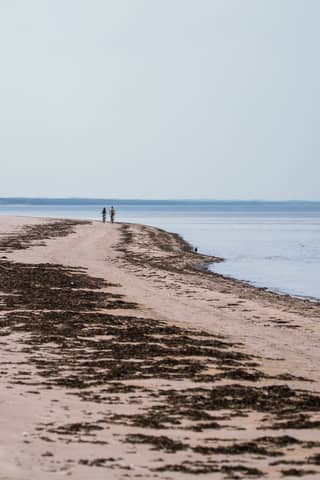 Two people enjoy a peaceful walk along the sandy seashore of Ragaciems, Latvia.