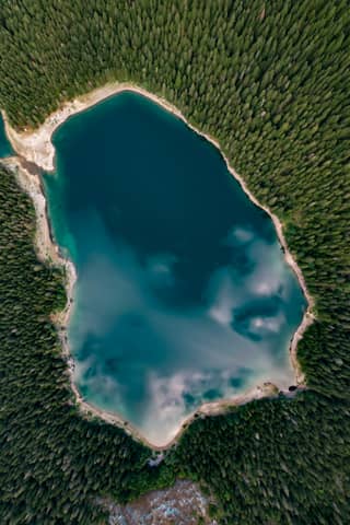 Aerial view of a beautiful lake surrounded by trees.