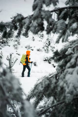 A hiker in bright gear treks through a snowy forest landscape, embodying winter adventure.