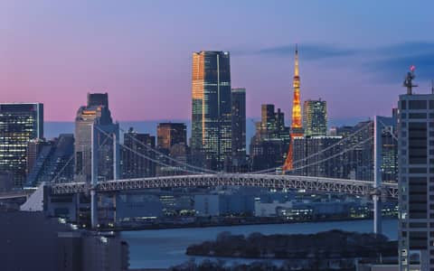 Tokyo skyline and rainbow bridge illuminated at dusk.