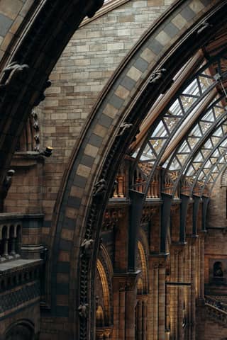 Intricate interior gothic architecture of a museum in London, UK.