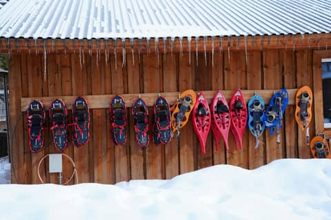 A collection of colorful snowshoes hangs on a wooden wall in snowy Jukkasjärvi.