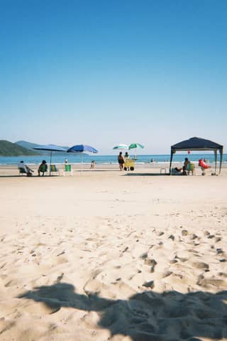 People enjoying a sunny day at the sandy beach under colorful umbrellas by the ocean.