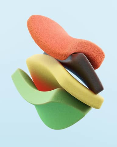 Abstract shapes stacked in various colors.