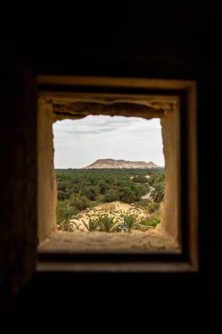 View of a landscape framed by a window.